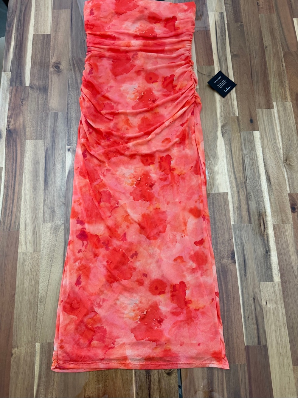 NWT Sz L Lulus Coral/Orange Watercolor Floral Strapless Maxi Dress Ruched